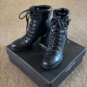 Kenneth Cole Black Lace-Up Leather Heeled Combat Boots